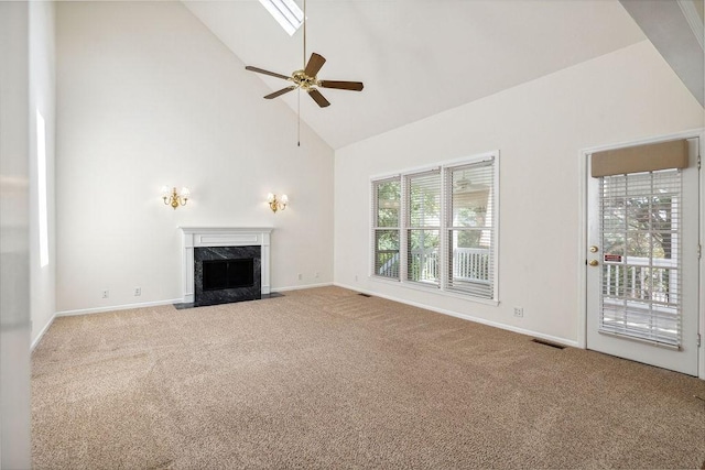 517 Ridgestone Dr, Franklin, TN 37064 - unfurnished living room with high vaulted ceiling, carpet, baseboards, and a high end fireplace