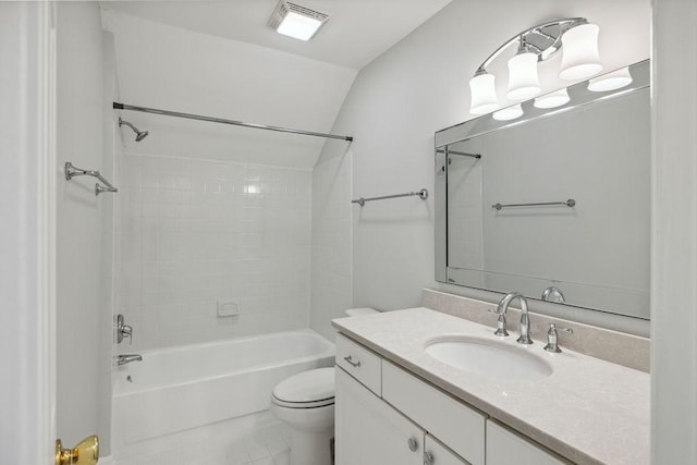 517 Ridgestone Dr, Franklin, TN 37064 - bathroom featuring toilet, vanity, bathtub / shower combination, and vaulted ceiling