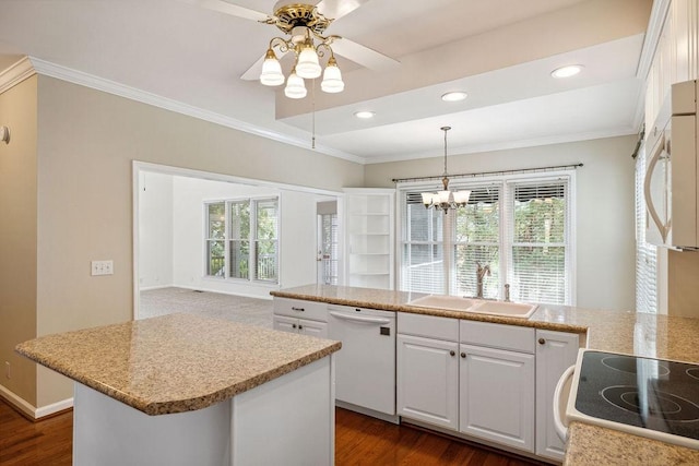 517 Ridgestone Dr, Franklin, TN 37064 - kitchen with white appliances, a sink, crown molding, a ceiling fan, and healthy amount of natural light
