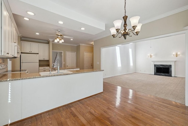 517 Ridgestone Dr, Franklin, TN 37064 - kitchen featuring a sink, freestanding refrigerator, crown molding, range, and a high end fireplace