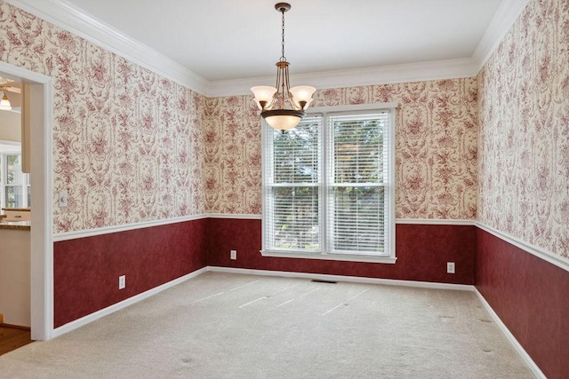 517 Ridgestone Dr, Franklin, TN 37064 - unfurnished dining area with a chandelier, wallpapered walls, ornamental molding, carpet flooring, and baseboards