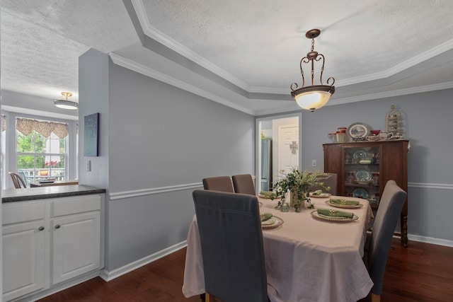 373 Baronswood Dr, Nolensville, TN 37135 - dining room with a textured ceiling, dark wood finished floors, baseboards, crown molding, and a raised ceiling