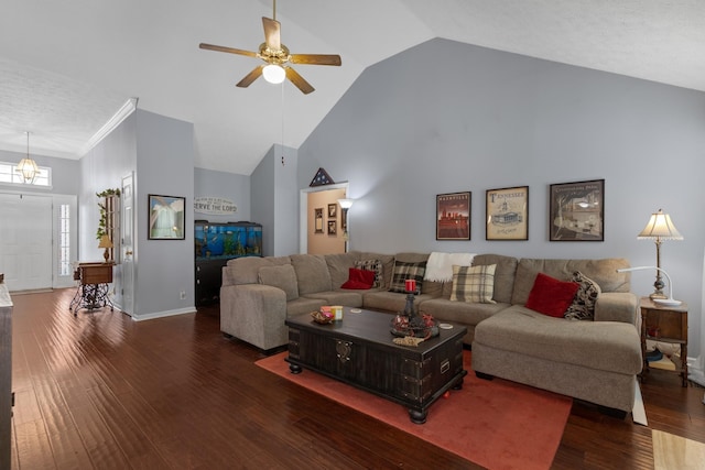 373 Baronswood Dr, Nolensville, TN 37135 - living room featuring wood finished floors, high vaulted ceiling, ceiling fan, and baseboards