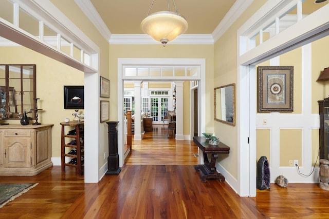 460 Whistler Cv, Franklin, TN 37067 - hallway featuring dark wood-style flooring, ornamental molding, baseboards, and decorative columns