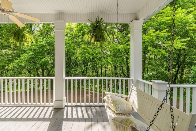 460 Whistler Cv, Franklin, TN 37067 - wooden terrace with ceiling fan and view of wooded area
