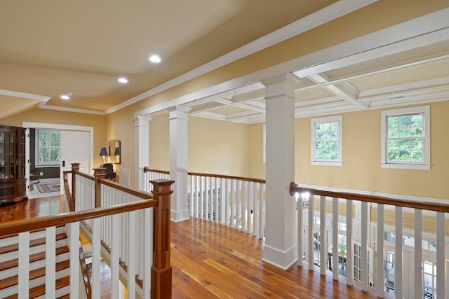460 Whistler Cv, Franklin, TN 37067 - hallway featuring wood-type flooring, recessed lighting, an upstairs landing, ornate columns, and ornamental molding
