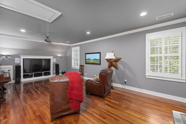 460 Whistler Cv, Franklin, TN 37067 - living area with attic access, crown molding, wood finished floors, baseboards, and recessed lighting