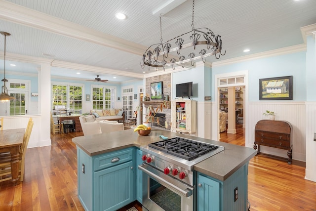 460 Whistler Cv, Franklin, TN 37067 - kitchen featuring stainless steel range, blue cabinetry, open floor plan, a wainscoted wall, and ornamental molding