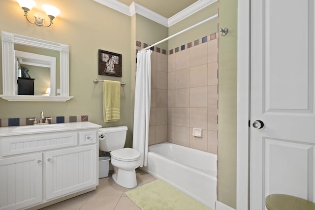 460 Whistler Cv, Franklin, TN 37067 - bathroom with toilet, ornamental molding, vanity, tile patterned floors, and shower / bath combo with shower curtain