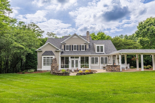 460 Whistler Cv, Franklin, TN 37067 - back of house with french doors, a patio area, a lawn, a chimney, and roof with shingles