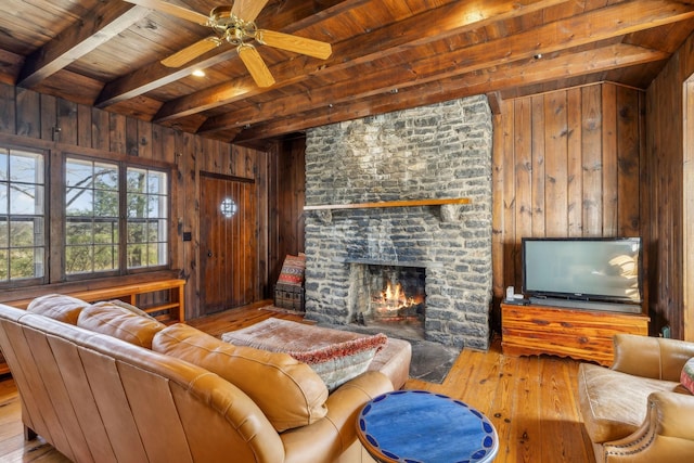 4430 Brush Hill Rd, Nashville, TN 37216 - living room with wooden ceiling with exposed beams, wood walls, hardwood / wood-style flooring, a fireplace, and ceiling fan