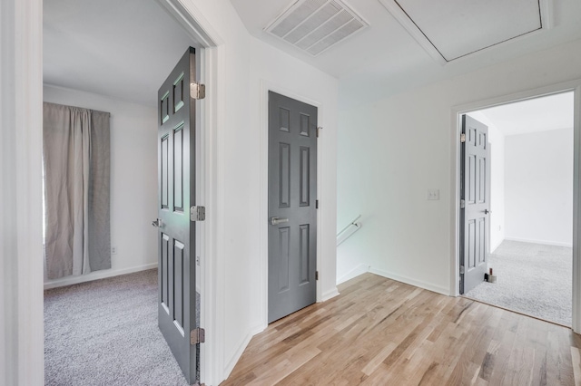 608 Claridge Ct, Franklin, TN 37064 - corridor featuring an upstairs landing, baseboards, light wood-style flooring, and attic access