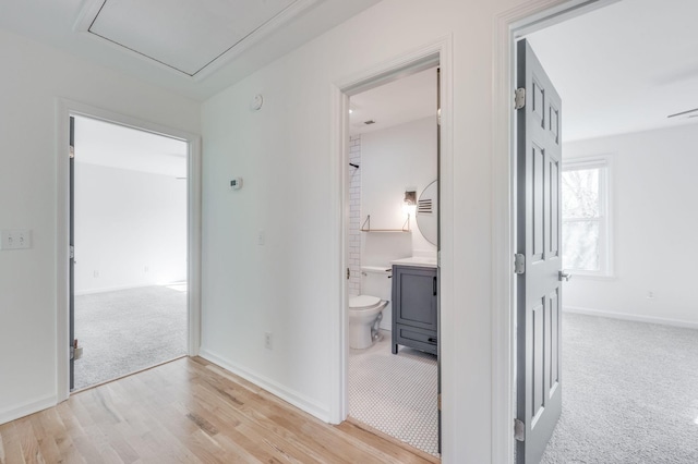 608 Claridge Ct, Franklin, TN 37064 - hallway featuring baseboards, light wood-style floors, light colored carpet, and attic access