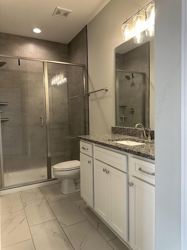 1451 Rebecca Johns Dr, Murfreesboro, TN 37128 - full bathroom with vanity, toilet, a shower stall, marble finish floors, and recessed lighting