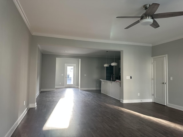 1451 Rebecca Johns Dr, Murfreesboro, TN 37128 - unfurnished living room featuring dark wood finished floors, crown molding, a ceiling fan, a sink, and baseboards