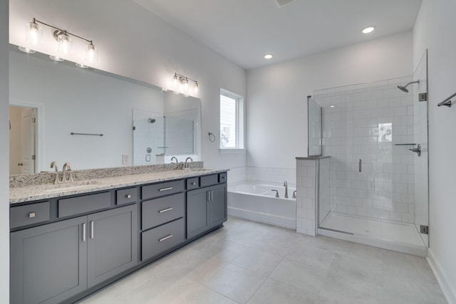 529 Little Penny Dr, Smyrna, TN 37167 - bathroom with a shower stall, a bath, double vanity, tile patterned floors, and recessed lighting