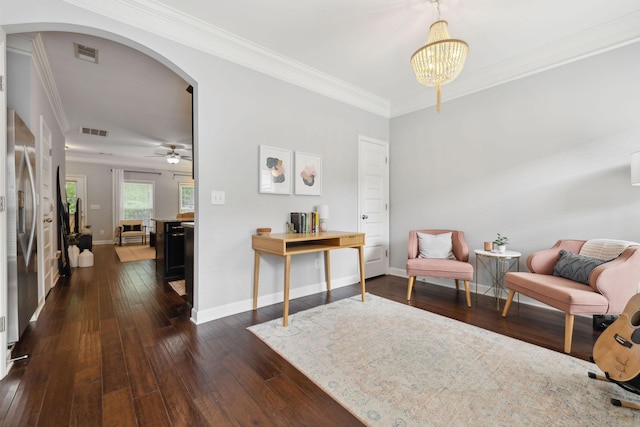 212 Walden Village Ln, Nashville, TN 37210 - living area with arched walkways, dark wood finished floors, ornamental molding, baseboards, and a chandelier