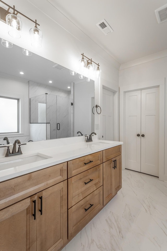 516 Willow Grv Ct, Ringgold, GA 30736 - bathroom featuring a marble finish shower, double vanity, marble finish flooring, ornamental molding, and recessed lighting
