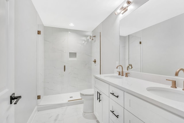 2302 Surrey Dr, Murfreesboro, TN 37129 - full bath featuring marble look tiles, a stall shower, double vanity, toilet, and baseboards