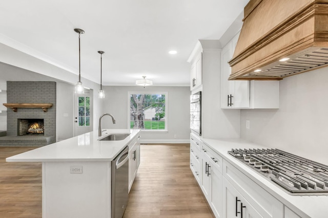 2302 Surrey Dr, Murfreesboro, TN 37129 - kitchen featuring custom exhaust hood, a sink, appliances with stainless steel finishes, light wood-type flooring, and light countertops