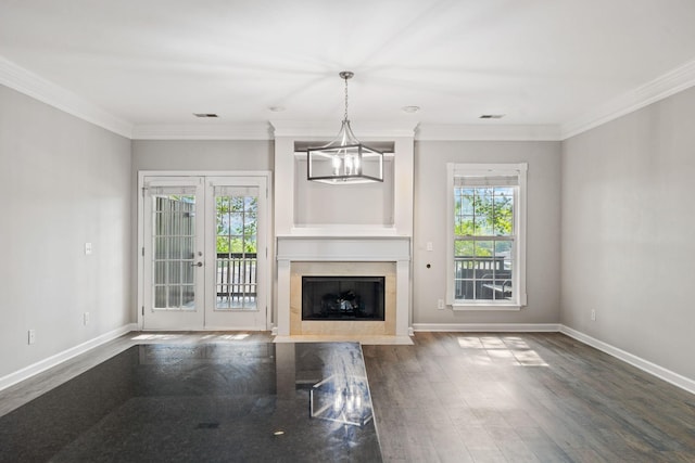 1816 Brentwood Pointe, Franklin, TN 37067 - unfurnished living room featuring baseboards, dark wood-style flooring, crown molding, and a fireplace with flush hearth