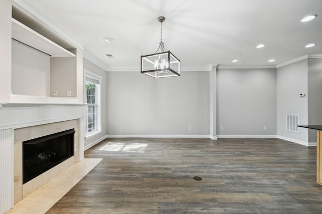 1816 Brentwood Pointe, Franklin, TN 37067 - unfurnished living room featuring ornamental molding, a high end fireplace, a chandelier, baseboards, and recessed lighting