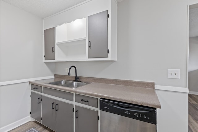 276 White Bridge Pike Unit 70, Nashville, TN 37209 - kitchen with stainless steel dishwasher, a sink, wood finished floors, a textured ceiling, and gray cabinets