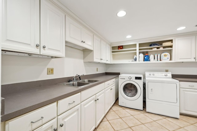 327 Whitworth Way, Nashville, TN 37205 - laundry area with washing machine and dryer, cabinet space, light tile patterned flooring, and recessed lighting