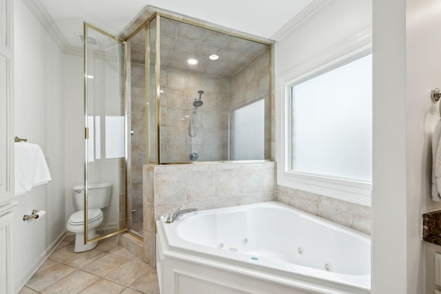 327 Whitworth Way, Nashville, TN 37205 - bathroom featuring a shower stall, a jetted tub, toilet, tile patterned flooring, and crown molding