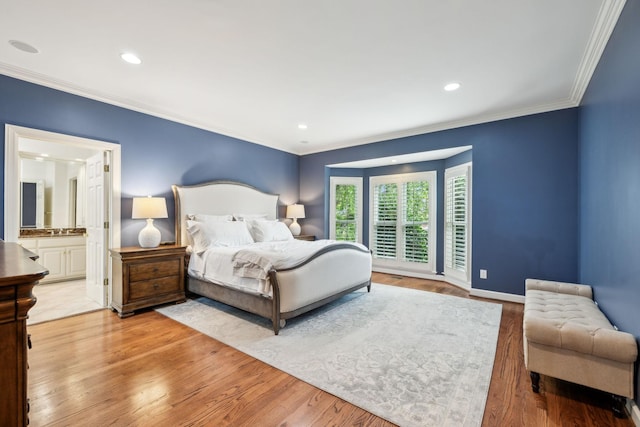 327 Whitworth Way, Nashville, TN 37205 - bedroom with wood finished floors, crown molding, recessed lighting, connected bathroom, and baseboards