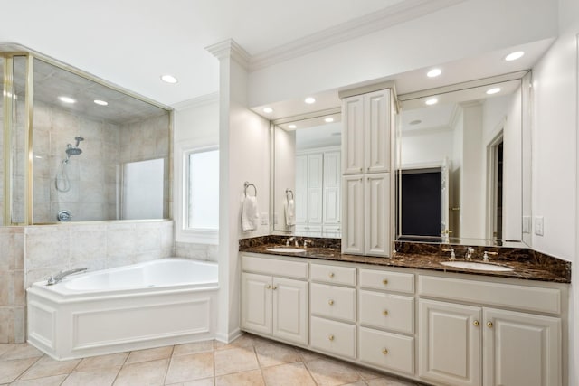 327 Whitworth Way, Nashville, TN 37205 - bathroom featuring double vanity, ornamental molding, a garden tub, tile patterned flooring, and recessed lighting