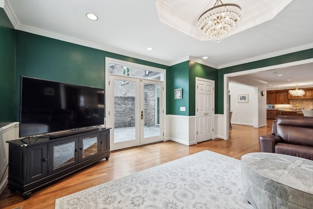327 Whitworth Way, Nashville, TN 37205 - living room featuring a chandelier, french doors, wood finished floors, recessed lighting, and wainscoting
