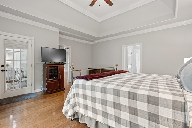 1010 Saint Blaise Trl, Gallatin, TN 37066 - bedroom with light wood-style flooring, ornamental molding, access to exterior, a raised ceiling, and a ceiling fan