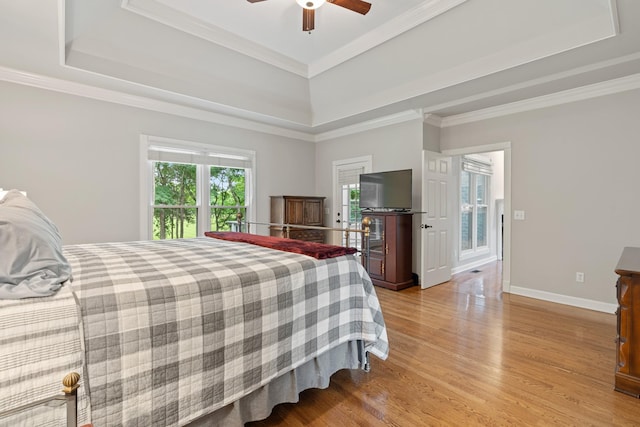 1010 Saint Blaise Trl, Gallatin, TN 37066 - bedroom featuring light wood-style floors, a tray ceiling, ornamental molding, baseboards, and ceiling fan