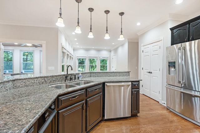 1010 Saint Blaise Trl, Gallatin, TN 37066 - kitchen with stainless steel appliances, a sink, healthy amount of natural light, ornamental molding, and light stone counters
