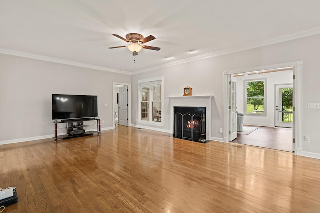1010 Saint Blaise Trl, Gallatin, TN 37066 - unfurnished living room with ceiling fan, wood finished floors, ornamental molding, a warm lit fireplace, and baseboards