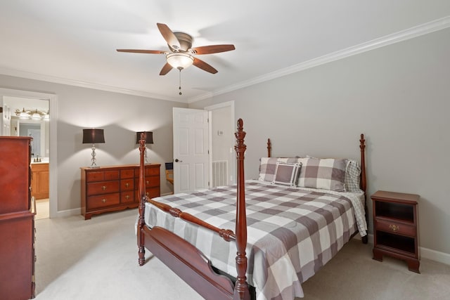1010 Saint Blaise Trl, Gallatin, TN 37066 - bedroom with light carpet, ornamental molding, baseboards, ceiling fan, and ensuite bath