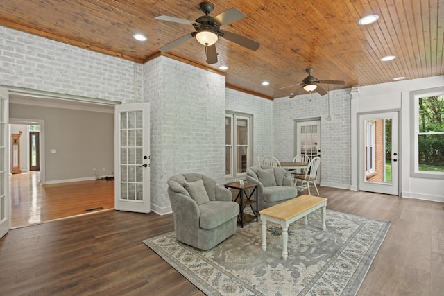 1010 Saint Blaise Trl, Gallatin, TN 37066 - living area featuring french doors, ceiling fan, wooden ceiling, baseboards, and wood finished floors