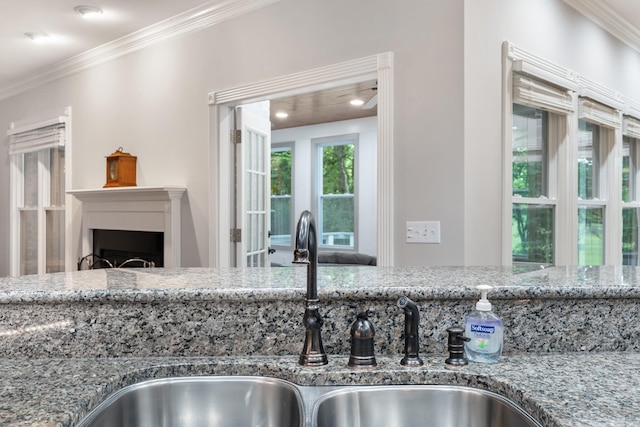 1010 Saint Blaise Trl, Gallatin, TN 37066 - kitchen featuring a sink, ornamental molding, stone counters, and a fireplace