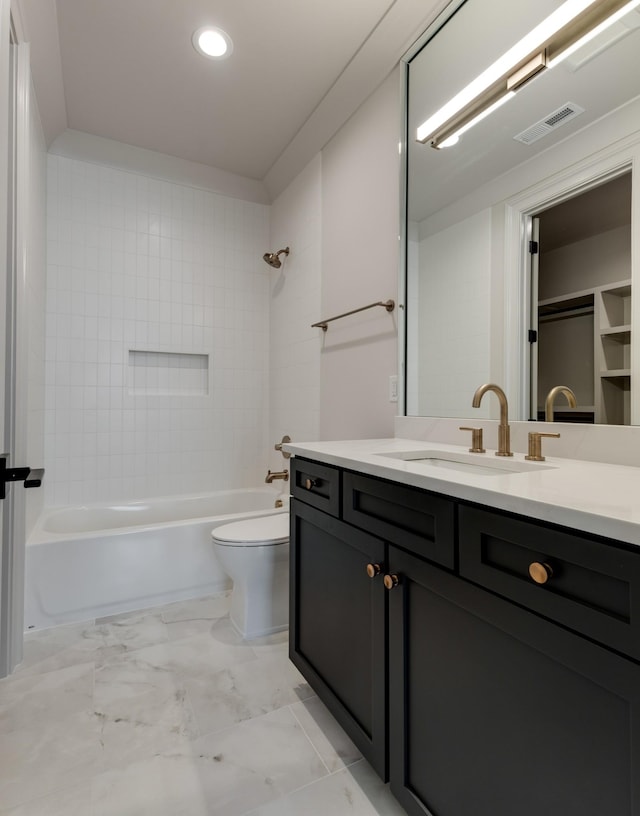 2756 Otterham Dr, Thompsons Station, TN 37179 - bathroom featuring vanity, toilet,  shower combination, recessed lighting, and marble finish floors