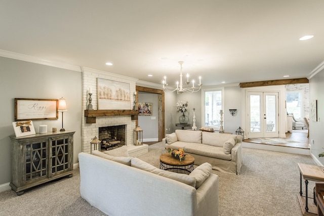 1078 Sunset Dr, Gallatin, TN 37066 - carpeted living room featuring ornamental molding, recessed lighting, a brick fireplace, a chandelier, and baseboards