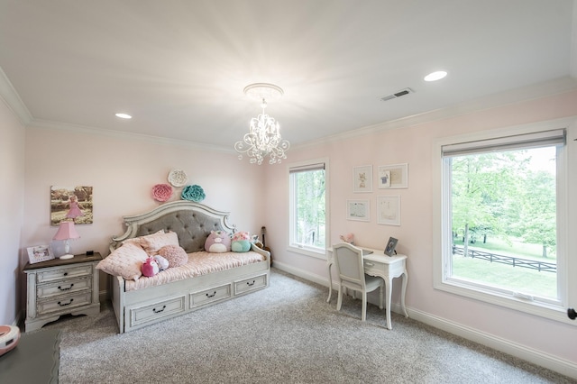 1078 Sunset Dr, Gallatin, TN 37066 - bedroom with multiple windows, a chandelier, carpet flooring, baseboards, and ornamental molding