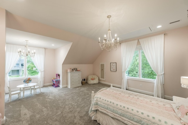 1078 Sunset Dr, Gallatin, TN 37066 - bedroom featuring a chandelier, multiple windows, carpet flooring, and vaulted ceiling