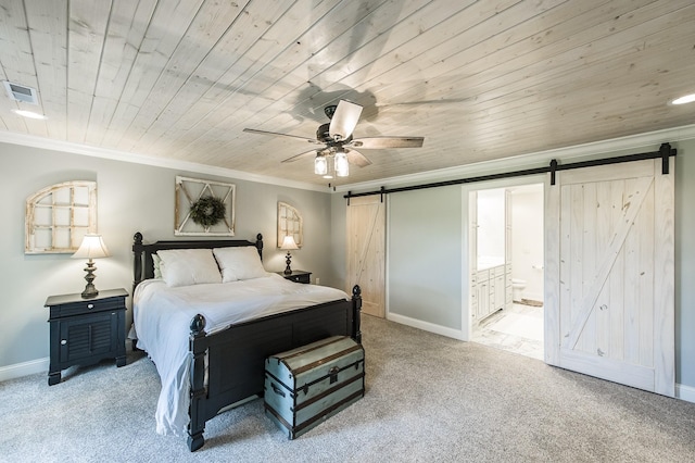 1078 Sunset Dr, Gallatin, TN 37066 - bedroom with a barn door, ornamental molding, carpet flooring, baseboards, and wooden ceiling