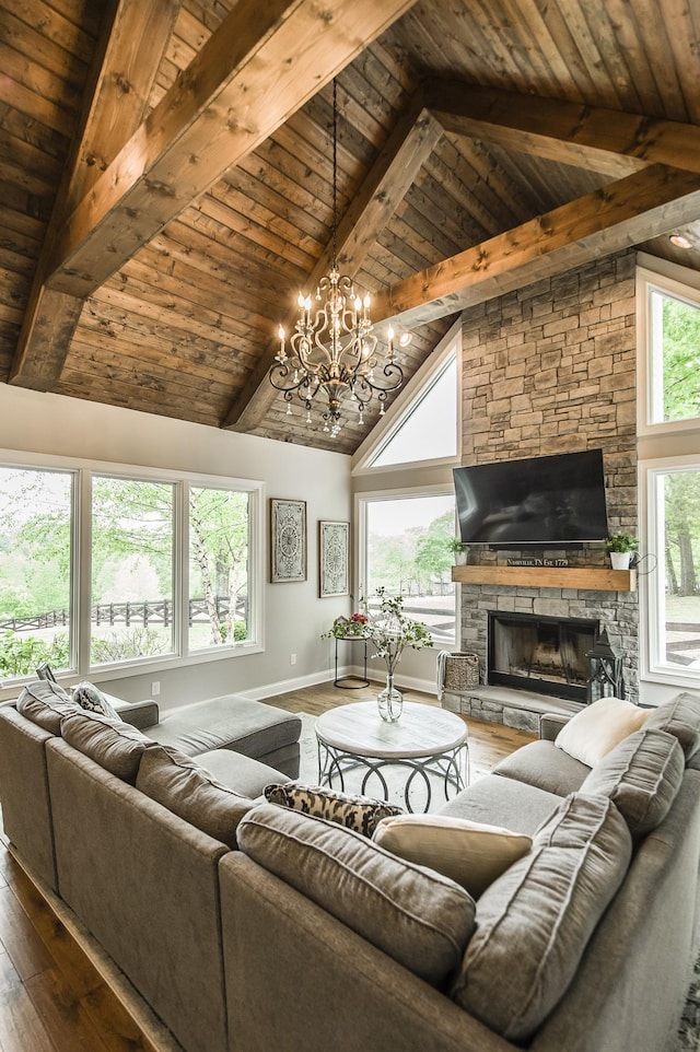1078 Sunset Dr, Gallatin, TN 37066 - living area with wood ceiling with exposed beams, hardwood / wood-style flooring, a fireplace, a chandelier, and high vaulted ceiling