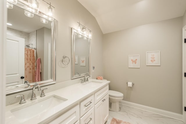 1078 Sunset Dr, Gallatin, TN 37066 - bathroom with toilet, double vanity, marble finish flooring, a shower with curtain, and baseboards