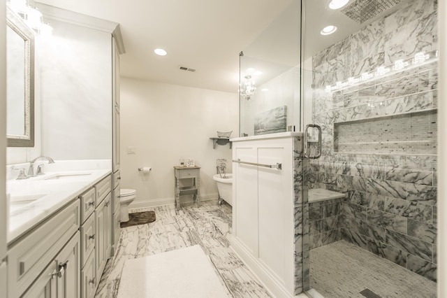 1078 Sunset Dr, Gallatin, TN 37066 - bathroom with toilet, a shower stall, marble finish floors, recessed lighting, and double vanity