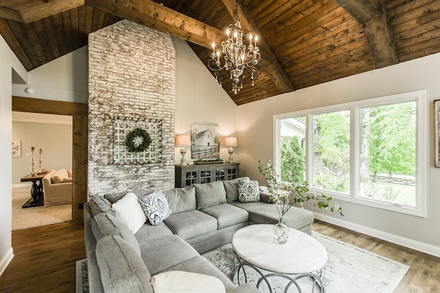 1078 Sunset Dr, Gallatin, TN 37066 - living room with wooden ceiling with exposed beams, baseboards, a chandelier, wood finished floors, and high vaulted ceiling
