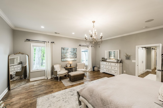 1078 Sunset Dr, Gallatin, TN 37066 - bedroom featuring a chandelier, multiple windows, crown molding, wood finished floors, and baseboards