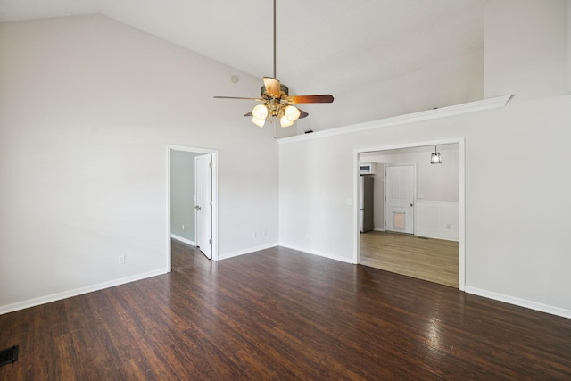 1006 Aretha Dr, Murfreesboro, TN 37128 - unfurnished room with ceiling fan, wood finished floors, high vaulted ceiling, and baseboards